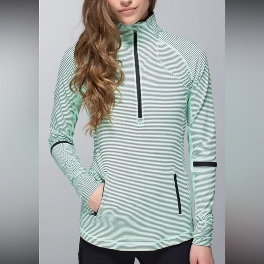 Lululemon Race With Grace 1/2 Zip Mini Hyper Stripe Fresh Teal Long Sleeve 8 Run